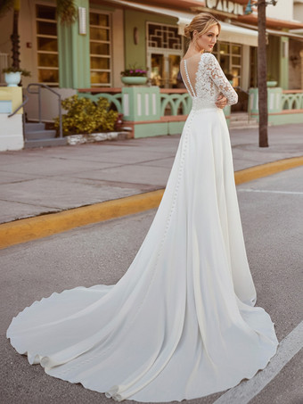 ヴィンテージウェディングドレス Vネック 長袖 ナチュラルウエスト レース トレーン付き レースブライダルガウン