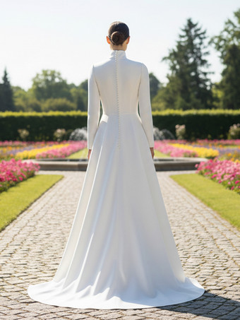 シンプルなウェディングドレス Aライン ハイカラー 長袖 ボタン付き ブライダルドレス