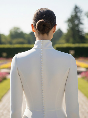 シンプルなウェディングドレス Aライン ハイカラー 長袖 ボタン付き ブライダルドレス