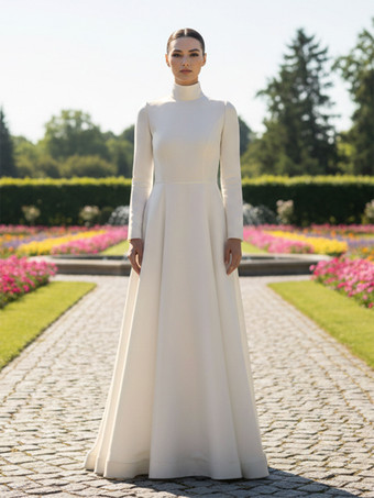 アイボリーシンプルなウェディングドレス Aライン ハイカラー 長袖 ボタン付き ブライダルドレス