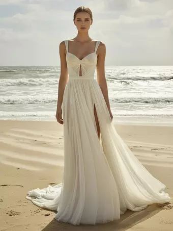 a line split front wedding dresses Boho Wedding Dress A-Line Designed Neckline Sleeveless Split Front Bridal  Gowns