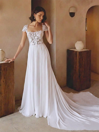 ホワイトボヘミアンウェディングドレス レース Aライン トレーン付き ナチュラルウエスト ウェディングドレス 機能的なボタン 半袖 スクエアネック ホワイト