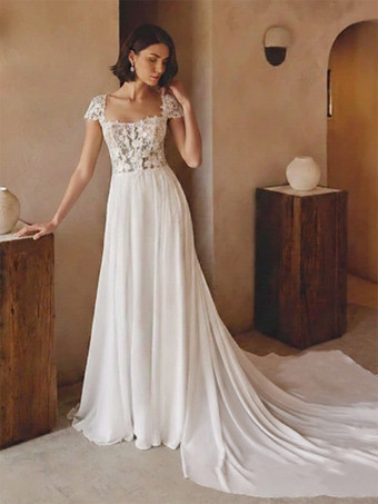 アイボリーボヘミアンウェディングドレス レース Aライン トレーン付き ナチュラルウエスト ウェディングドレス 機能的なボタン 半袖 スクエアネック ホワイト