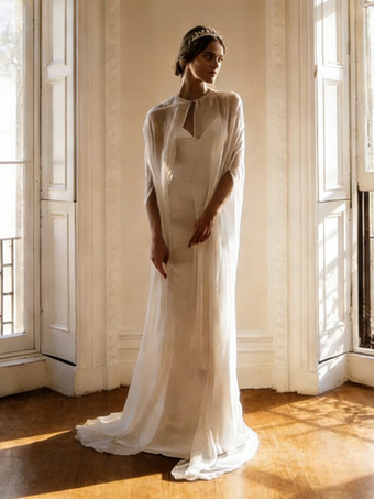 アイボリーウェディングラップ アイボリーデザインネックライン スリットスリーブショール シフォンブライダルカバーアップ