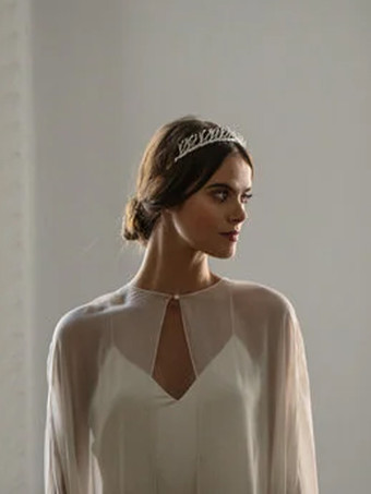 ウェディングラップ アイボリーデザインネックライン スリットスリーブショール シフォンブライダルカバーアップ