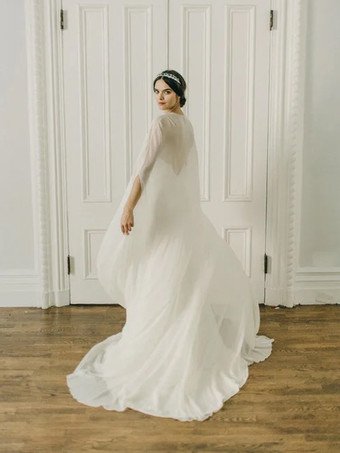 ホワイト ウェディングラップ アイボリーデザインネックライン スリットスリーブショール シフォンブライダルカバーアップ