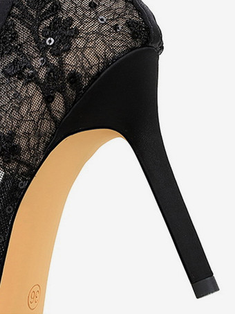 ブラックハイヒール、レース、ポインテッドトゥ、ラインストーン、ボウ、スリッポンパンプス