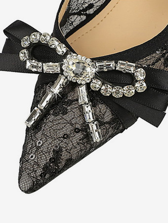 ブラックハイヒール、レース、ポインテッドトゥ、ラインストーン、ボウ、スリッポンパンプス