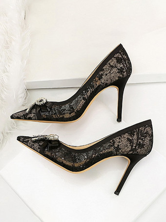ブラックハイヒール、レース、ポインテッドトゥ、ラインストーン、ボウ、スリッポンパンプス