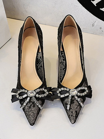 ブラックハイヒール、レース、ポインテッドトゥ、ラインストーン、ボウ、スリッポンパンプス