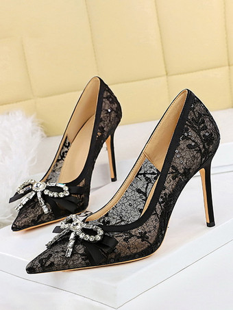 ブラックハイヒール、レース、ポインテッドトゥ、ラインストーン、ボウ、スリッポンパンプス