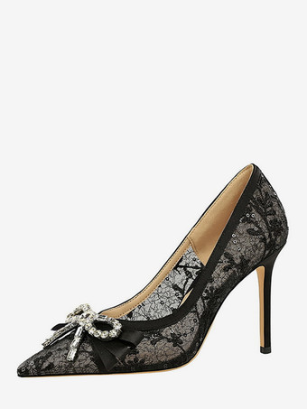 ブラック ブラックハイヒール、レース、ポインテッドトゥ、ラインストーン、ボウ、スリッポンパンプス