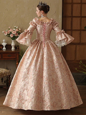 ピンクのレディースビクトリアンロココドレス 長袖 レースアップ フリル ヴィンテージドレス