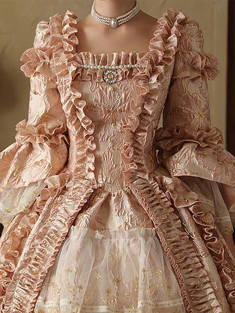 ピンクのレディースビクトリアンロココドレス 長袖 レースアップ フリル ヴィンテージドレス