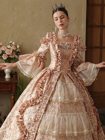 ピンクのレディースビクトリアンロココドレス 長袖 レースアップ フリル ヴィンテージドレス