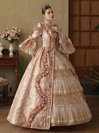 ピンクのレディースビクトリアンロココドレス 長袖 レースアップ フリル ヴィンテージドレス