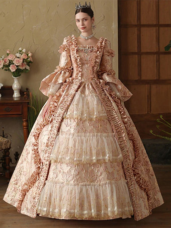 ピンクピンクのレディースビクトリアンロココドレス 長袖 レースアップ フリル ヴィンテージドレス