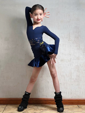 ラテンダンスドレス ダークネイビー 女の子用 長袖 シェイピング ポリエステル ラテンダンスコスチューム