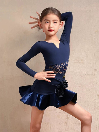 ラテンダンスドレス ダークネイビー 女の子用 長袖 シェイピング ポリエステル ラテンダンスコスチューム