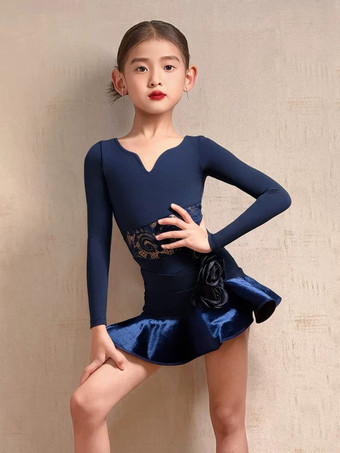 ラテンダンスドレス ダークネイビー 女の子用 長袖 シェイピング ポリエステル ラテンダンスコスチューム