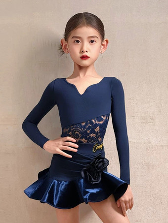 ラテンダンスドレス ダークネイビー 女の子用 長袖 シェイピング ポリエステル ラテンダンスコスチューム