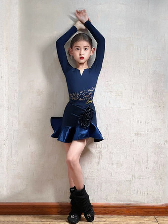 ダークネイビーラテンダンスドレス ダークネイビー 女の子用 長袖 シェイピング ポリエステル ラテンダンスコスチューム