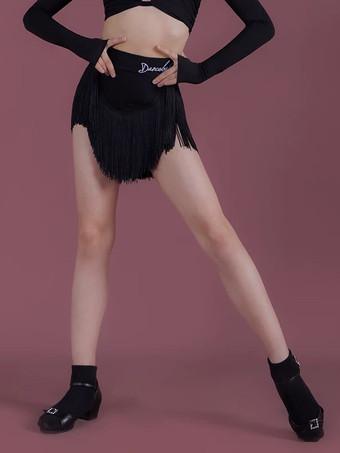 ラテンダンスコスチューム ブラック 女の子用 ポリエステル タッセルスカート 長袖トップ ラテンダンスコスチュームセット