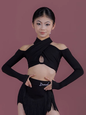 ラテンダンスコスチューム ブラック 女の子用 ポリエステル タッセルスカート 長袖トップ ラテンダンスコスチュームセット