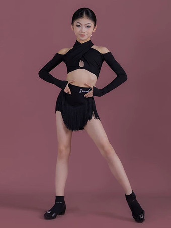 ブラック ラテンダンスコスチューム ブラック 女の子用 ポリエステル タッセルスカート 長袖トップ ラテンダンスコスチュームセット