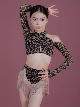 ラテンダンスコスチューム ブラック 女の子用 ポリエステル タッセルスカート 長袖トップ ラテンダンスコスチュームセット