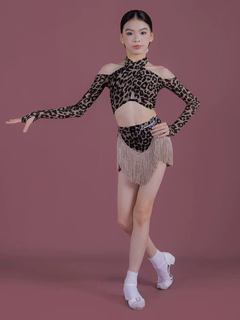 ヒョウ柄ラテンダンスコスチューム ブラック 女の子用 ポリエステル タッセルスカート 長袖トップ ラテンダンスコスチュームセット