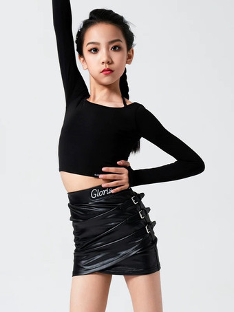 ラテンダンスコスチューム ブラック ガールズ ツーピースセット サイドバックル フェイクファースカート ラテンダンスコスチュームセット