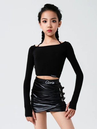 ブラック ラテンダンスコスチューム ブラック ガールズ ツーピースセット サイドバックル フェイクファースカート ラテンダンスコスチュームセット