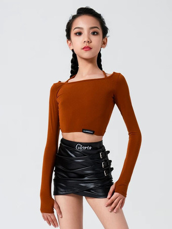 ディープブラウンラテンダンスコスチューム ブラック ガールズ ツーピースセット サイドバックル フェイクファースカート ラテンダンスコスチュームセット