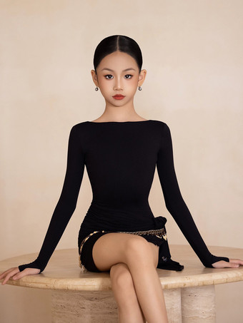 ブラック ラテンダンスコスチューム ブラック ガールズ 長袖 シェイピングドレス トップ ダンスコスチューム