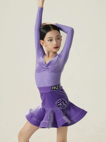 ラテンダンスドレス パープル ガールズ レディース 長袖 シェイピングドレス ラテンダンスドレス