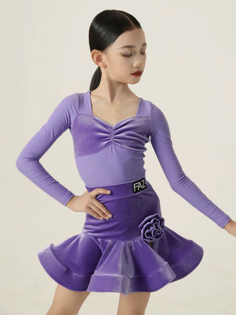 ラテンダンスドレス パープル ガールズ レディース 長袖 シェイピングドレス ラテンダンスドレス