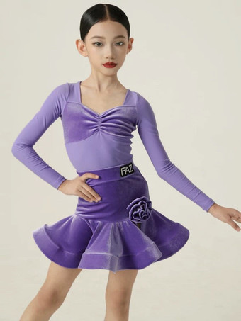 ラテンダンスドレス パープル ガールズ レディース 長袖 シェイピングドレス ラテンダンスドレス