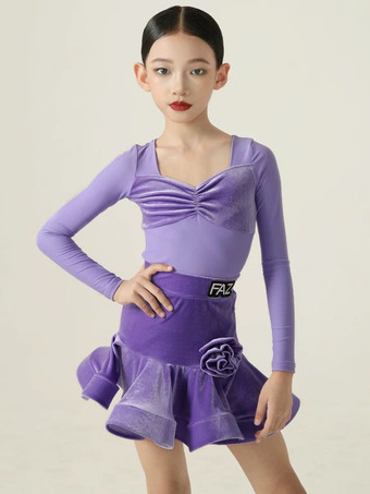パープル ラテンダンスドレス パープル ガールズ レディース 長袖 シェイピングドレス ラテンダンスドレス