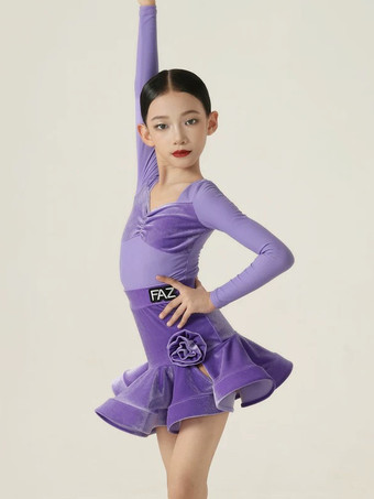 ラテンダンスドレス パープル ガールズ レディース 長袖 シェイピングドレス ラテンダンスドレス