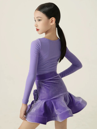 ラテンダンスドレス パープル ガールズ レディース 長袖 シェイピングドレス ラテンダンスドレス
