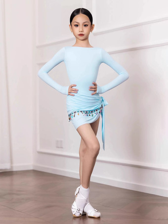 ラテンダンスドレス ライトスカイブルー レディース ガールズ 大人用 シェイピングセット 長袖 チェーンレース ダンスコスチューム