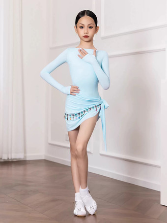 ラテンダンスドレス ライトスカイブルー レディース ガールズ 大人用 シェイピングセット 長袖 チェーンレース ダンスコスチューム