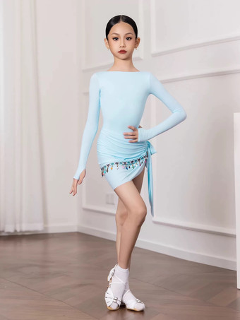 ラテンダンスドレス ライトスカイブルー レディース ガールズ 大人用 シェイピングセット 長袖 チェーンレース ダンスコスチューム