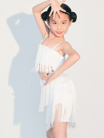 ラテンダンスドレス ホワイトガールズフリンジラテンダンスウェアコスチューム