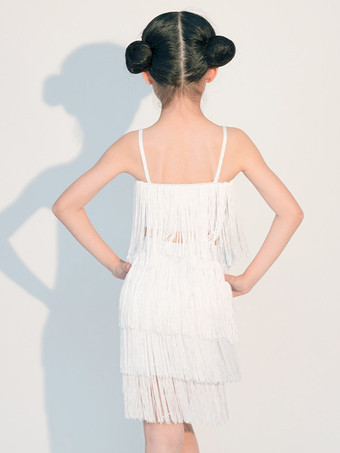 ラテンダンスドレス ホワイトガールズフリンジラテンダンスウェアコスチューム