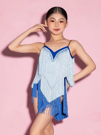 ブルー ラテンダンスドレス ブルー レディース フリンジ タッセル スパゲッティ ラテンダンサー コスチューム