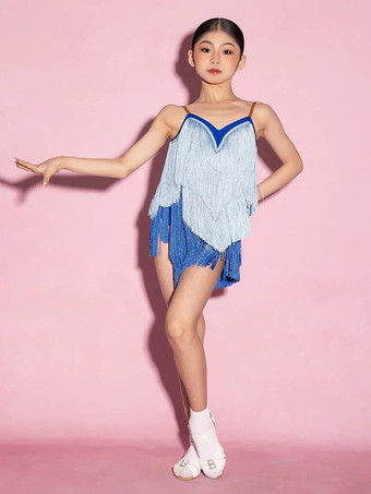 ラテンダンスドレス ブルー レディース フリンジ タッセル スパゲッティ ラテンダンサー コスチューム