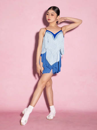 ラテンダンスドレス ブルー レディース フリンジ タッセル スパゲッティ ラテンダンサー コスチューム