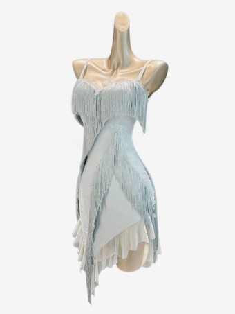 パステルブルーラテンダンスコスチューム パステルブルー レディース ポリエステル フリンジ バックレス ラテンダンサー ダンスコスチューム